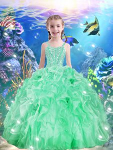 Sleeveless Organza Floor Length Lace Up Little Girls Pageant Dress in Apple Green with Beading and Ruffles