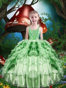 Dazzling Organza Straps Sleeveless Lace Up Beading and Ruffles and Ruffled Layers Pageant Gowns For Girls in Apple Green