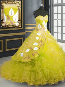 Simple Ball Gowns Sleeveless Yellow Quinceanera Gown Brush Train Lace Up