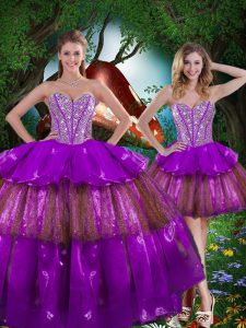 Elegant Multi-color Lace Up Sweetheart Beading and Ruffled Layers and Sequins Sweet 16 Dresses Organza Sleeveless