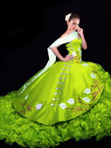 Dazzling Lace Up Sweet 16 Quinceanera Dress Yellow Green for Military Ball and Sweet 16 and Quinceanera with Embroidery and Ruffles Brush Train