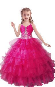 Fuchsia Sleeveless Organza Zipper Little Girl Pageant Gowns for Quinceanera and Wedding Party
