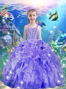Beauteous Purple Little Girls Pageant Gowns Quinceanera and Wedding Party with Beading and Ruffles Straps Sleeveless Lace Up