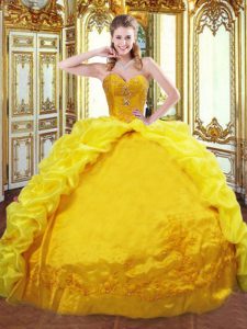 Sweet Gold Ball Gowns Taffeta Sweetheart Sleeveless Beading and Embroidery and Pick Ups Lace Up Vestidos de Quinceanera Brush Train