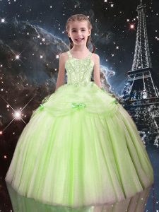 High Class Floor Length Yellow Green Child Pageant Dress Straps Sleeveless Lace Up