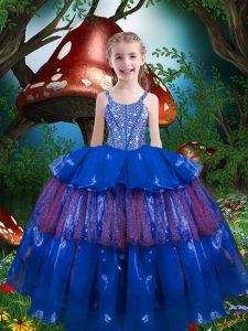 Super Blue Lace Up Kids Formal Wear Beading and Ruffled Layers Sleeveless Floor Length