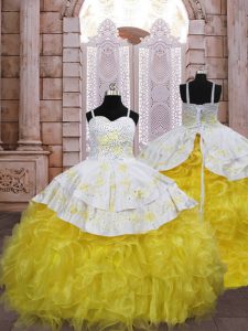 Gold Ball Gowns Embroidery and Ruffles Little Girl Pageant Dress Lace Up Organza Sleeveless