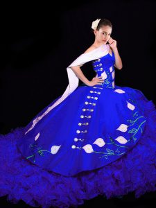 Sleeveless Embroidery Lace Up Quinceanera Gowns with Royal Blue Brush Train