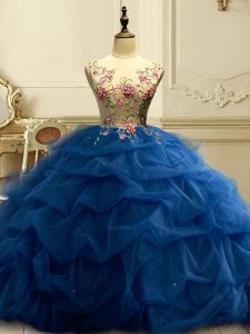 Best Selling Floor Length Navy Blue Ball Gown Prom Dress Scoop Sleeveless Lace Up