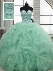 Admirable Sleeveless Organza Floor Length Lace Up Sweet 16 Quinceanera Dress in Apple Green with Beading and Ruffles