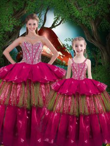 Sleeveless Organza Floor Length Lace Up Sweet 16 Quinceanera Dress in Fuchsia with Beading and Ruffled Layers