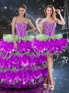 Extravagant Organza Sweetheart Sleeveless Lace Up Beading and Ruffles and Ruffled Layers Ball Gown Prom Dress in Multi-color