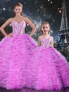 Dazzling Fuchsia Ball Gowns Tulle Sweetheart Sleeveless Beading and Ruffles Floor Length Lace Up 15th Birthday Dress