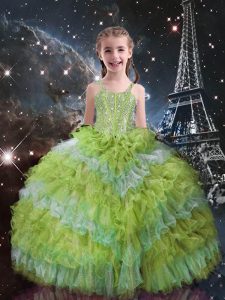 Yellow Green Ball Gowns Straps Sleeveless Organza Floor Length Lace Up Beading and Ruffled Layers Pageant Gowns For Girls