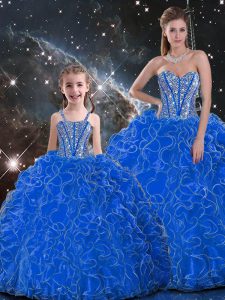 Customized Blue Lace Up Ball Gown Prom Dress Beading and Ruffles Sleeveless Floor Length
