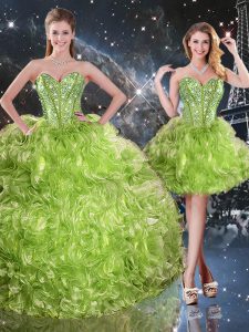 Three Pieces Quinceanera Gown Olive Green Sweetheart Organza Sleeveless Floor Length Lace Up