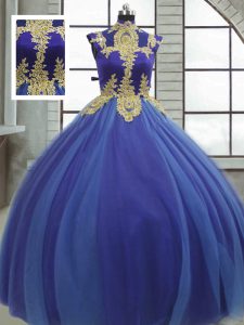 Modest High-neck Sleeveless Lace Up Quinceanera Gown Royal Blue Tulle