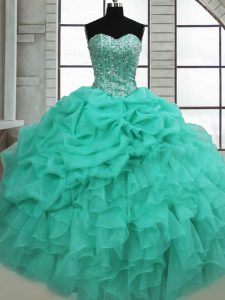 Turquoise Sweetheart Lace Up Beading and Ruffles and Pick Ups Quinceanera Gowns Sleeveless