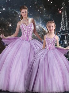 Lavender Tulle Lace Up Sweetheart Sleeveless Floor Length Vestidos de Quinceanera Beading