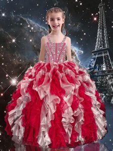 Custom Designed Wine Red Straps Lace Up Beading and Ruffles Little Girl Pageant Gowns Sleeveless