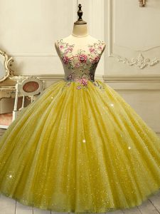 Gold Ball Gowns Tulle Scoop Sleeveless Appliques and Sequins Floor Length Lace Up Sweet 16 Quinceanera Dress