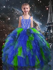 Modern Blue Ball Gowns Beading and Ruffles Little Girl Pageant Gowns Lace Up Tulle Sleeveless Floor Length