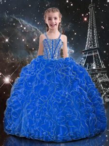 Blue Organza Lace Up Straps Sleeveless Floor Length Little Girls Pageant Dress Beading and Ruffles