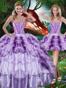 Sleeveless Floor Length Beading and Ruffles and Ruffled Layers Lace Up 15th Birthday Dress with Multi-color