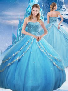 Baby Blue Sweetheart Neckline Beading and Appliques and Sequins Sweet 16 Quinceanera Dress Sleeveless Lace Up