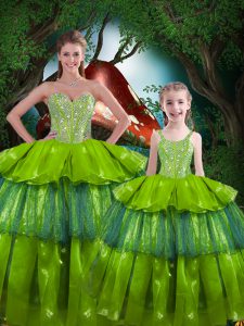 Organza Sweetheart Sleeveless Lace Up Beading and Ruffled Layers Sweet 16 Quinceanera Dress in Olive Green