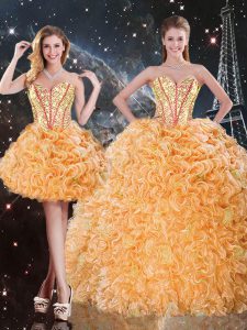 Orange Three Pieces Sweetheart Sleeveless Organza Floor Length Lace Up Beading and Ruffles Sweet 16 Quinceanera Dress