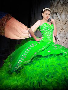 Charming Green Quinceanera Dresses Military Ball and Sweet 16 and Quinceanera with Embroidery and Ruffles Sweetheart Sleeveless Brush Train Lace Up