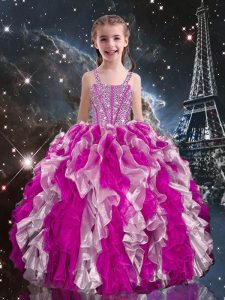 Dramatic Organza Straps Sleeveless Lace Up Beading and Ruffles Little Girl Pageant Gowns in Fuchsia