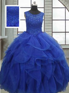 Royal Blue Lace Up Quince Ball Gowns Ruffles and Sequins Sleeveless Floor Length