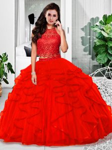 Top Selling Lace and Ruffles Quinceanera Dresses Red Zipper Sleeveless Floor Length