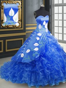 Sleeveless Organza Brush Train Lace Up 15 Quinceanera Dress in Blue with Embroidery and Ruffles