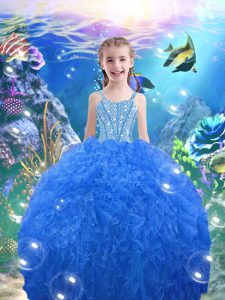 Baby Blue Sleeveless Floor Length Beading and Ruffles Lace Up Little Girl Pageant Gowns