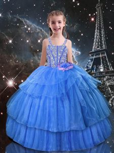 Organza Straps Sleeveless Lace Up Beading and Ruffled Layers Kids Formal Wear in Light Blue