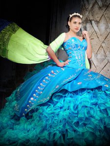 Baby Blue Organza Lace Up Sweetheart Sleeveless Sweet 16 Quinceanera Dress Brush Train Embroidery and Ruffles