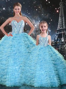 Sweetheart Sleeveless Tulle 15 Quinceanera Dress Beading and Ruffles Lace Up