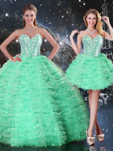 Decent Sweetheart Sleeveless Quinceanera Dresses Floor Length Beading and Ruffled Layers Apple Green Organza
