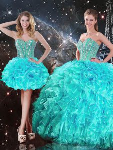 Aqua Blue Sleeveless Floor Length Beading and Ruffles Lace Up Sweet 16 Dress
