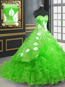 Nice Embroidery Sweet 16 Quinceanera Dress Green Lace Up Sleeveless Brush Train