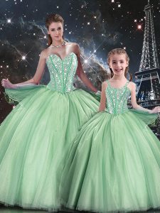 Floor Length Apple Green Quinceanera Gown Tulle Sleeveless Beading