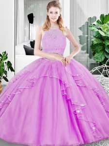 Admirable Scoop Sleeveless Quinceanera Dresses Floor Length Lace and Ruffled Layers Lilac Tulle
