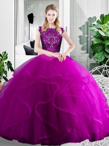 Fuchsia Sleeveless Floor Length Lace and Ruffles Zipper 15th Birthday Dress
