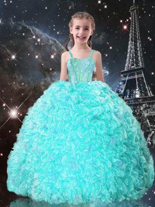 Discount Turquoise Organza Lace Up Straps Sleeveless Floor Length Little Girls Pageant Dress Wholesale Beading and Ruffles