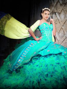 Gorgeous Sleeveless Organza With Brush Train Lace Up 15th Birthday Dress in Turquoise with Embroidery and Ruffles