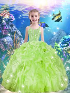 Sleeveless Organza Floor Length Lace Up Pageant Gowns For Girls in Yellow Green with Beading and Ruffles
