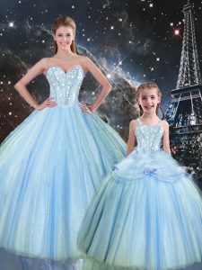Baby Blue Ball Gowns Beading Quinceanera Dresses Lace Up Tulle Sleeveless Floor Length